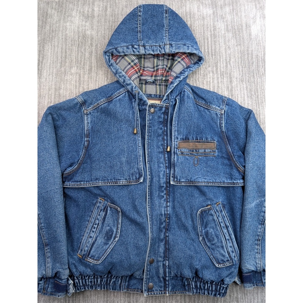 VTG Wrangler Denim Hooded Jacket Work Plaid Lined Chore Mens Large 90s WL2110